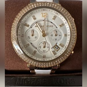 Michael Kors Parker White Dial Two Tone Steel Strap Watch For Women - MK6119